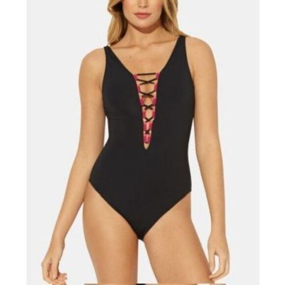 Bleu Women's‎ Black Stretch Lace-up Front and Back Deep V Neck Moderate Coverage - Picture 1 of 3